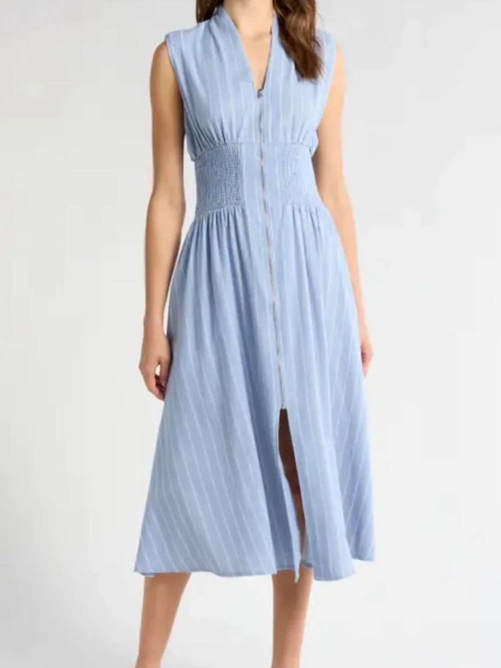Joie Light Blue & White Striped V-Neck Cotton/ Linen-Blend Zip Front MIDI Dress
